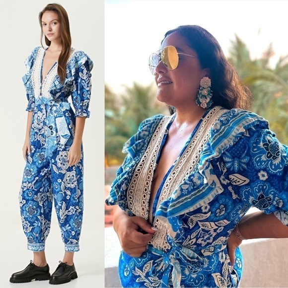 FARM RIO Linen Floral Paisley Puff Sleeve Ruffle Lace V-Neck Tie Belt Jumpsuit S - Picture 9 of 16